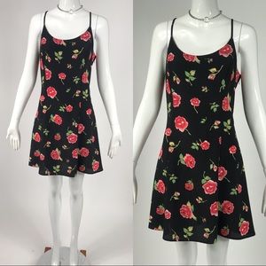 Vtg 90s black & pink rose floral grunge dress